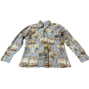 Vintage Disco Novelty Bicycle Scenic Print Button Shirt L Retro 70s Graphic -